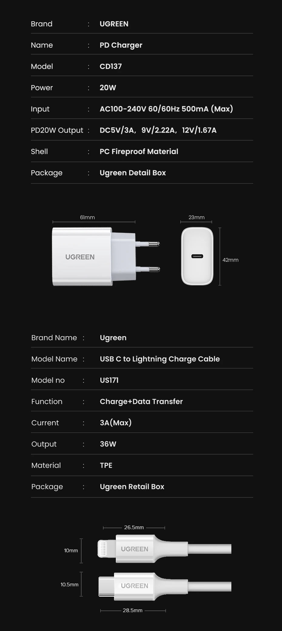 UGREEN Quick Charge 4.0 3.0 QC PD Charger 20W QC4.0 QC3.0 USB Type C Fast Charger for iPhone 16 15 14 Pro Xiaomi Phone PDCharger