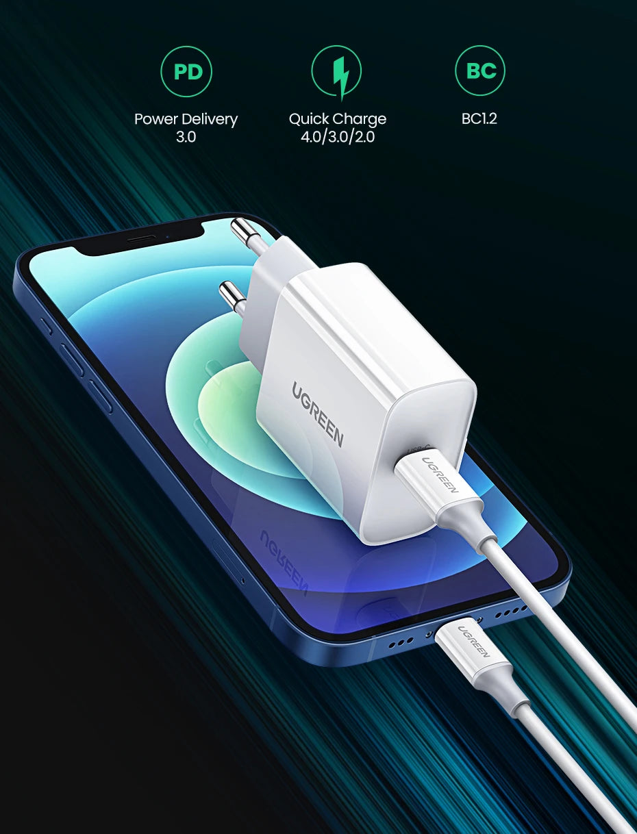 UGREEN Quick Charge 4.0 3.0 QC PD Charger 20W QC4.0 QC3.0 USB Type C Fast Charger for iPhone 16 15 14 Pro Xiaomi Phone PDCharger