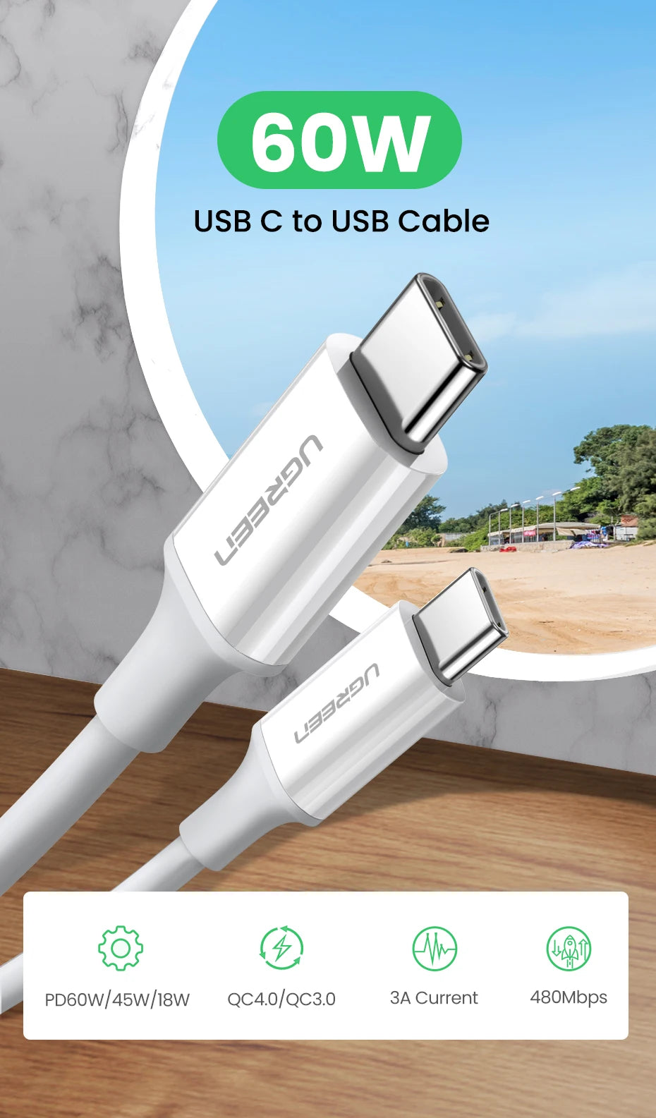 Ugreen PD 60W USB C to USB Type-C Cable QC4.0 3.0 Fast Charge Data Cable for Macbook Samsung S20 S9 USB C Cable for iPhone 15