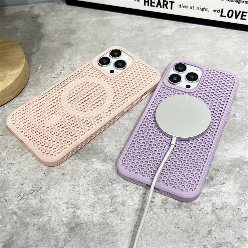 Heat Dissipation Mesh For Magsafe Magnetic Wireless Charging Case For iPhone 16 15 14 Plus 13 12 11 Pro Max Breathable Cover