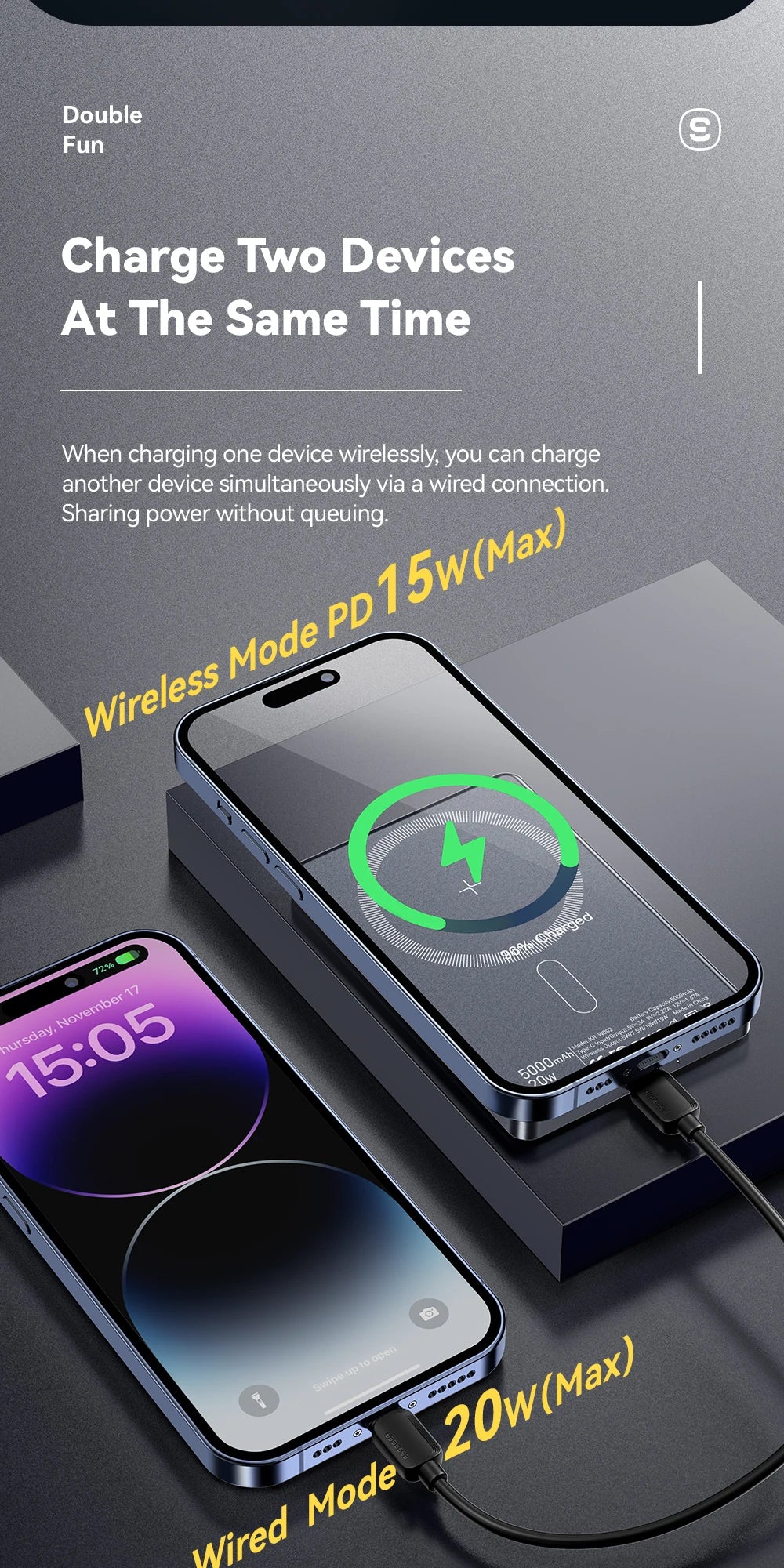 Essager Thin Wireless Power Bank Magnetic 20W 5000mAh Portable Fast Charging External Battery for Magsafe For iPhone 15 14 13 12