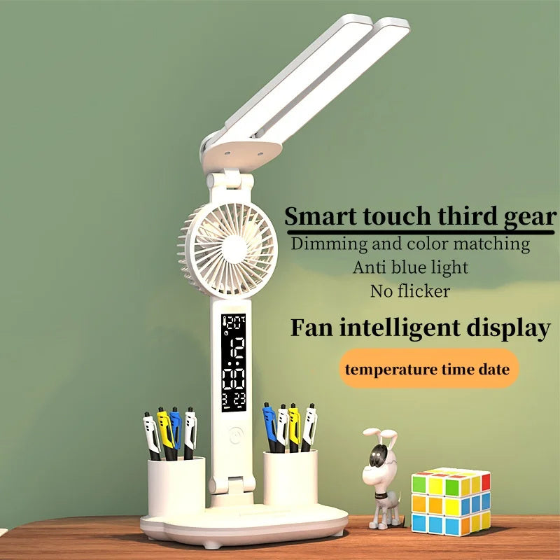 Multifunction Rechargeable Desk Lamp With Thermometer, Calendar, Fan, Pen Holder